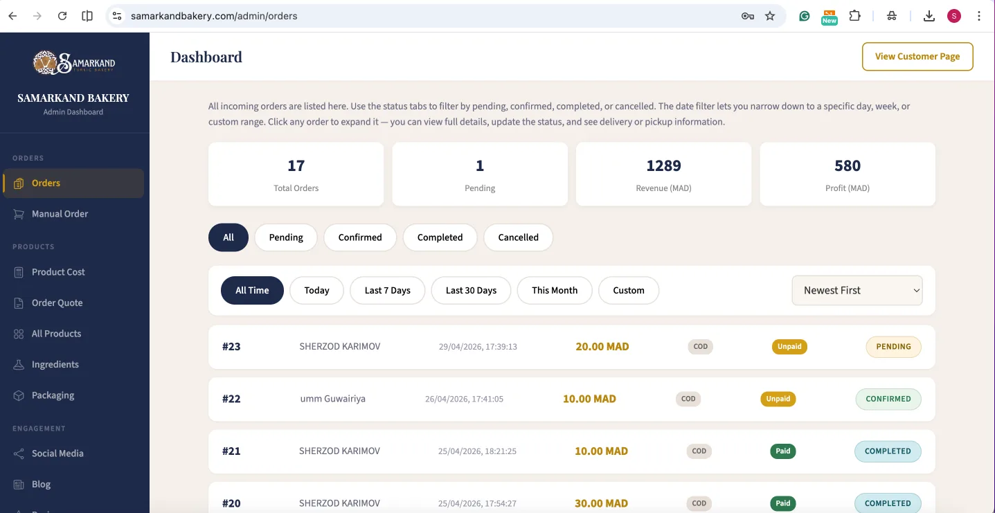 Admin orders dashboard — live order management