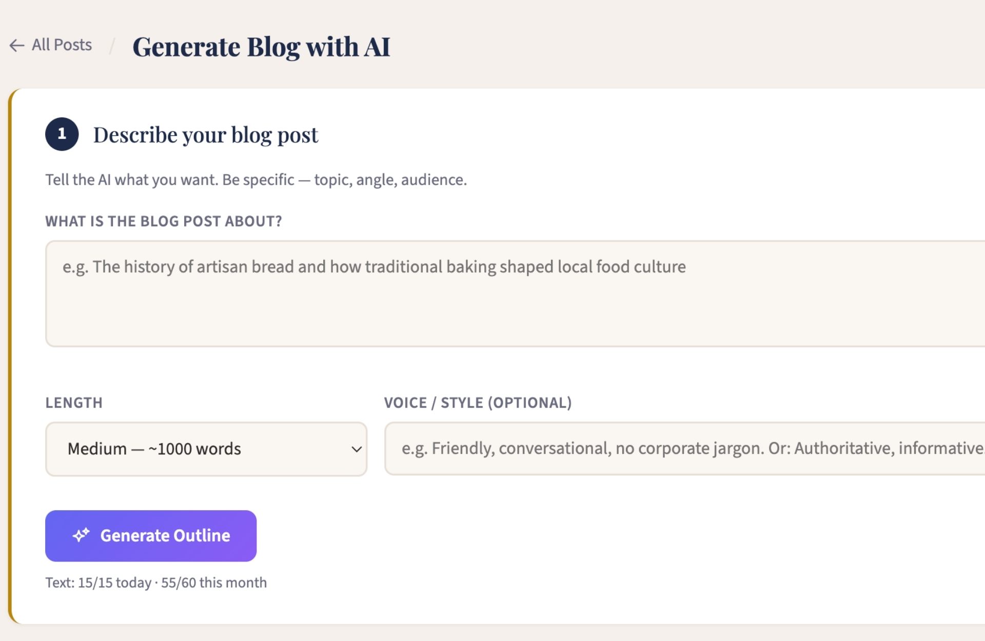 AI blog writer — draft generated from one topic