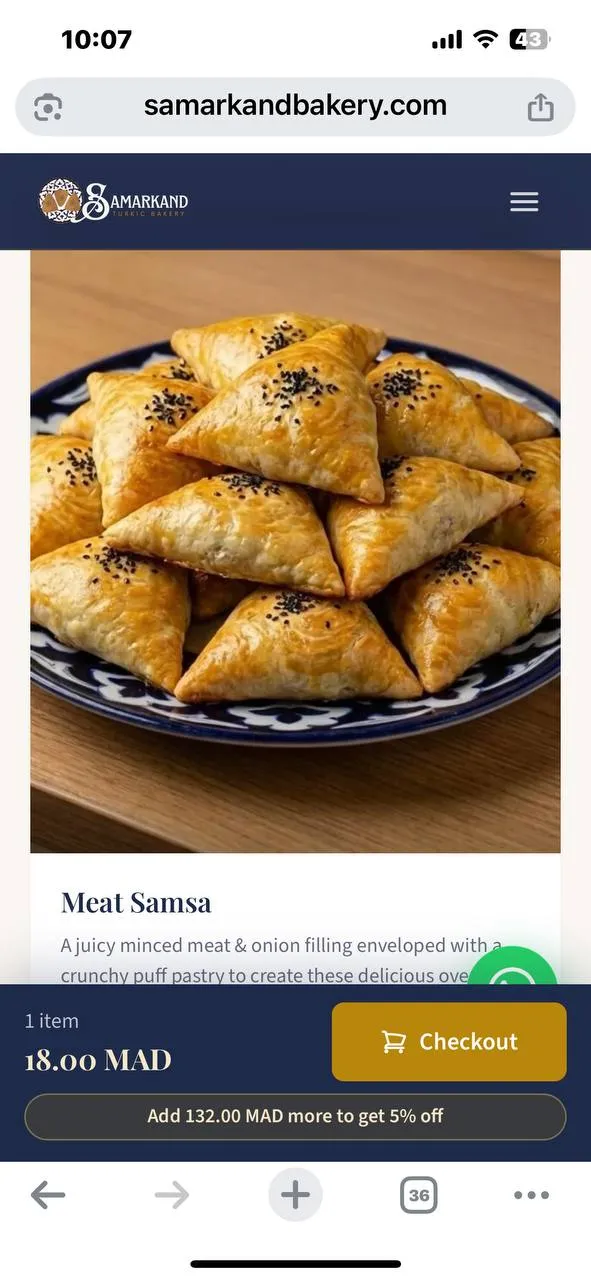 Customer mobile — Meat Samsa product page with checkout bar