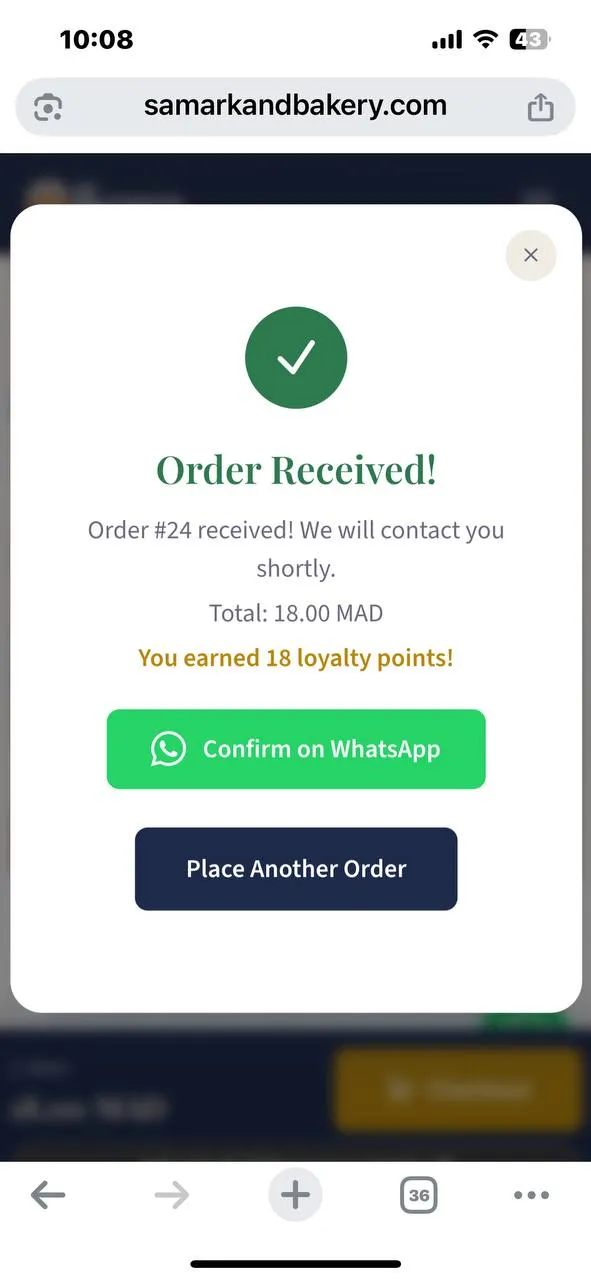 Customer mobile — order confirmation with loyalty points earned